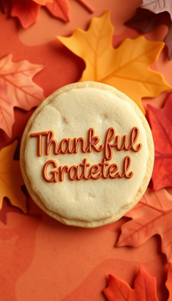Generate an image of an oval cookie with a fall-colored background and a message like "Thankful" or "Grateful" added using letter stencils.