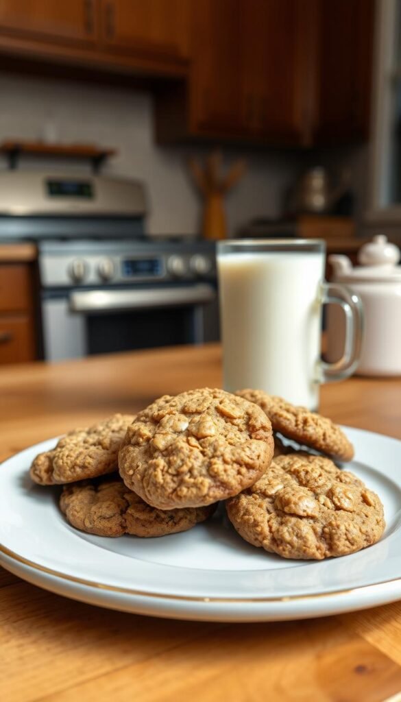 Generate an image of brown sugar oatmeal cookies with a glass of milk.