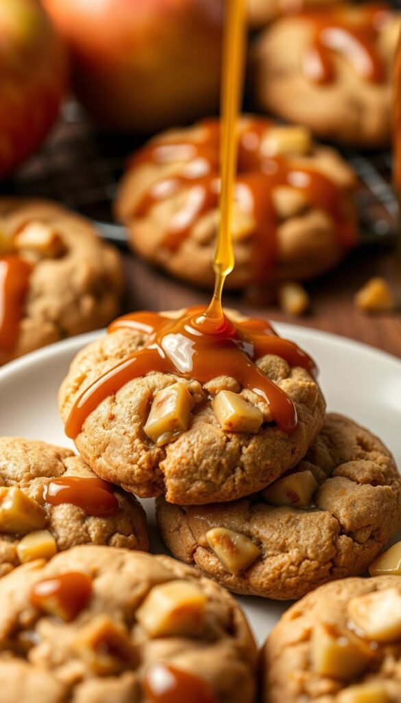 Generate an image of caramel apple cookies with visible Granny Smith apple pieces and a drizzle of caramel.