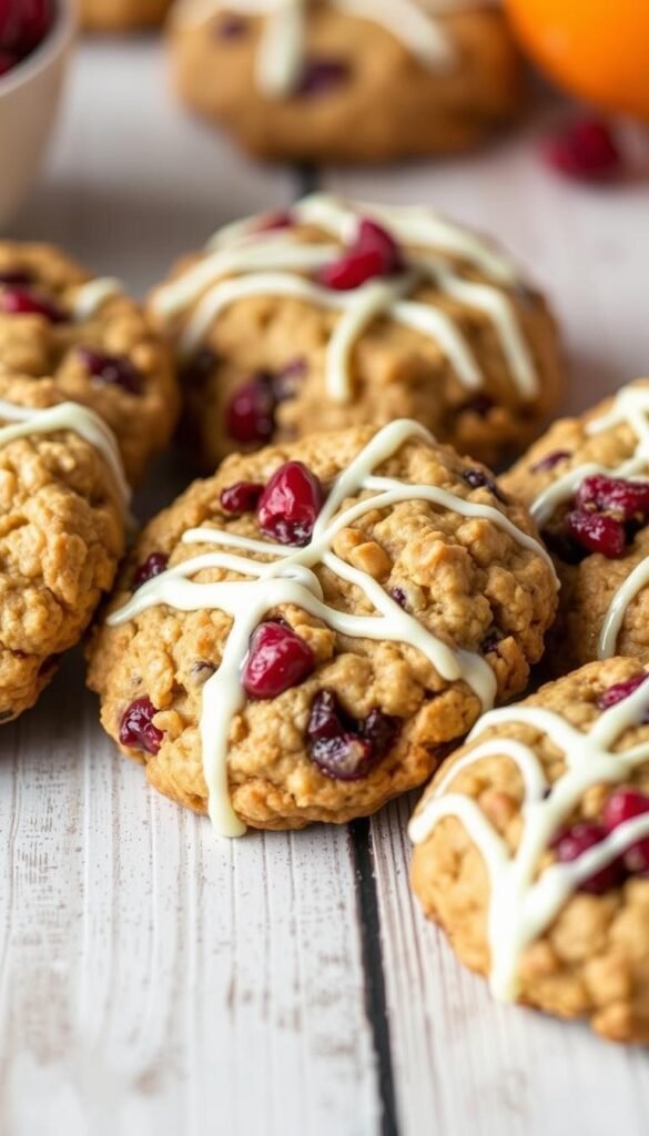 Generate an image of cranberry orange oatmeal cookies with a white chocolate drizzle and visible cranberries.