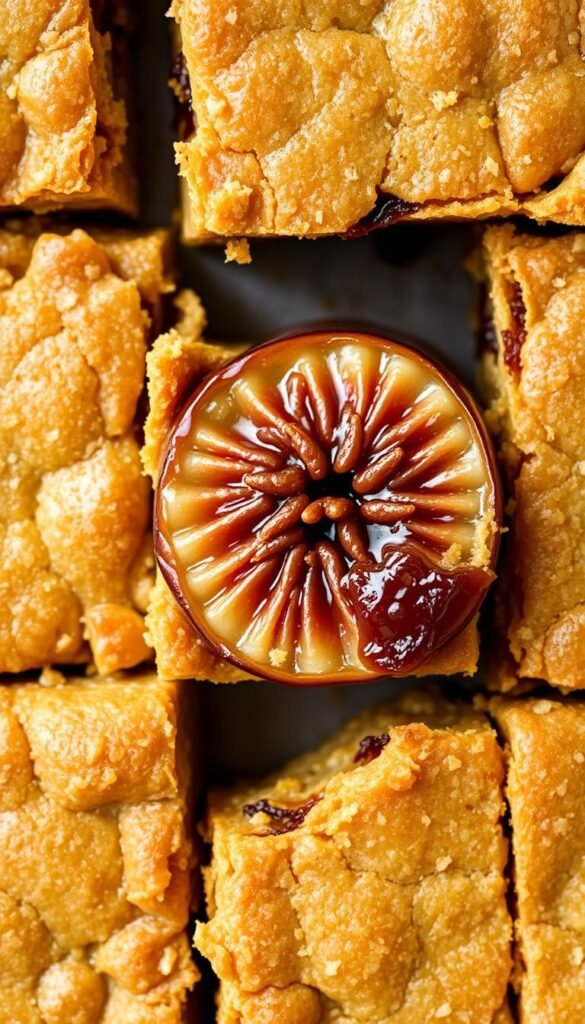 Generate an image of fig bars with a golden-brown crust and a gooey fig filling.