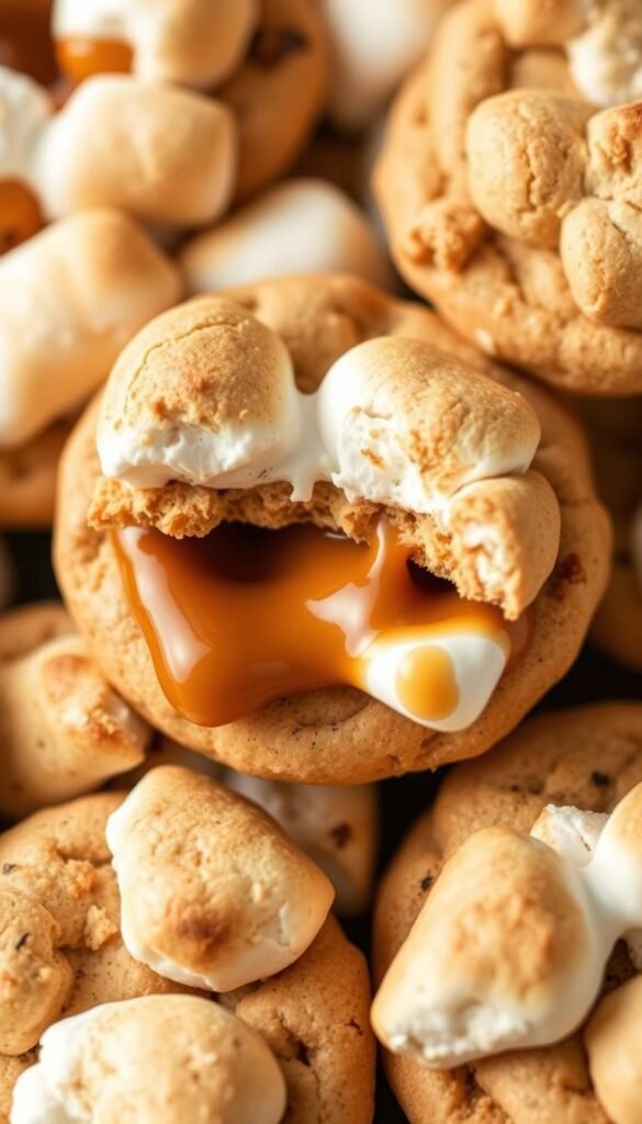 Generate an image of s'mores cookies with marshmallows and graham cracker pieces.
