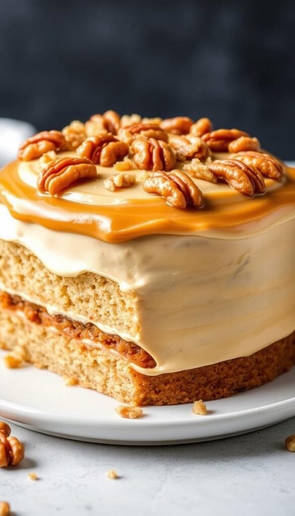 Image of a butter-toasted-walnut layer cake with caramel frosting and toasted walnuts on top