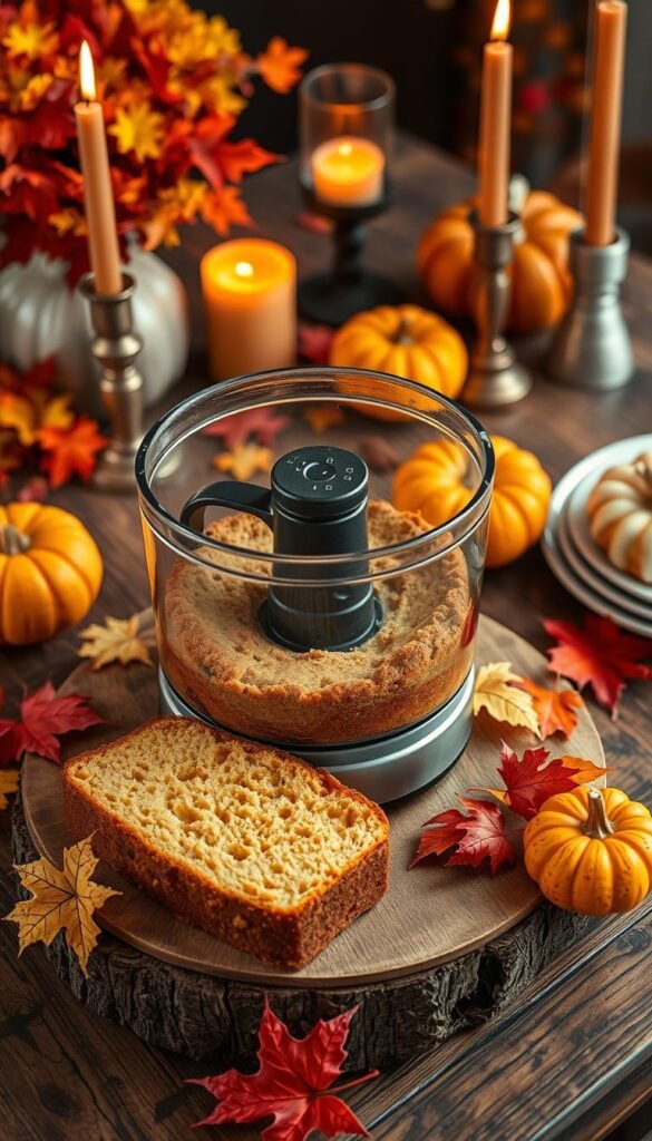 Image of a food processor pound cake on a rustic wooden table with fall decorations