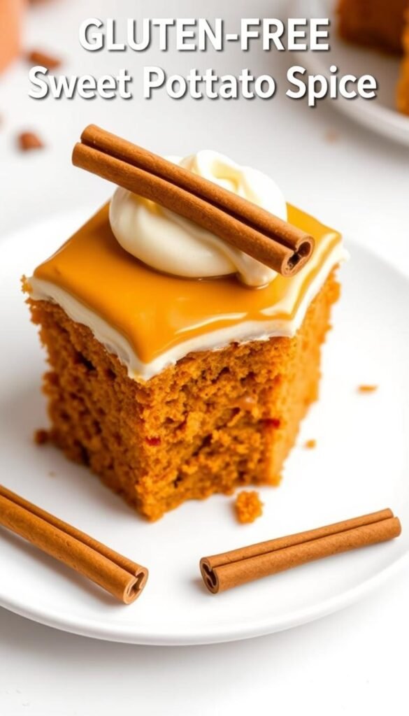 Image of a gluten-free sweet potato spice cake with cream cheese frosting, garnished with cinnamon sticks
