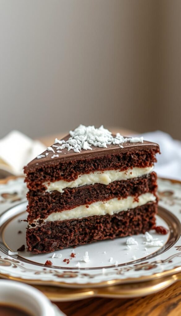 Image of a rich chocolate cake with coconut filling