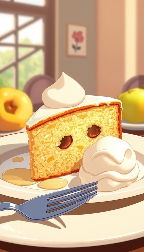 Image of a slice of Heavenly Apple Cake served with a scoop of vanilla ice cream