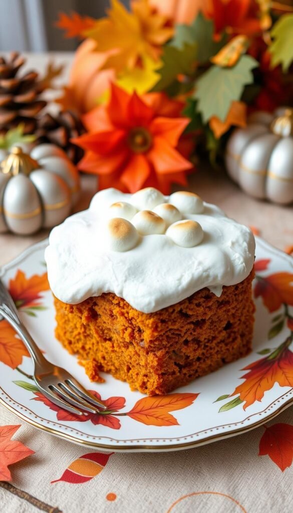 Image of a sweet potato cake with marshmallow frosting on a decorative Thanksgiving plate