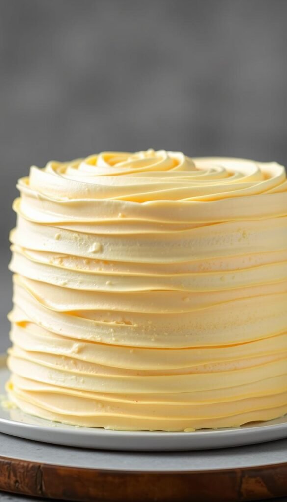 Image of a yellow layer cake with white wine and olive oil, frosted with a sophisticated buttercream