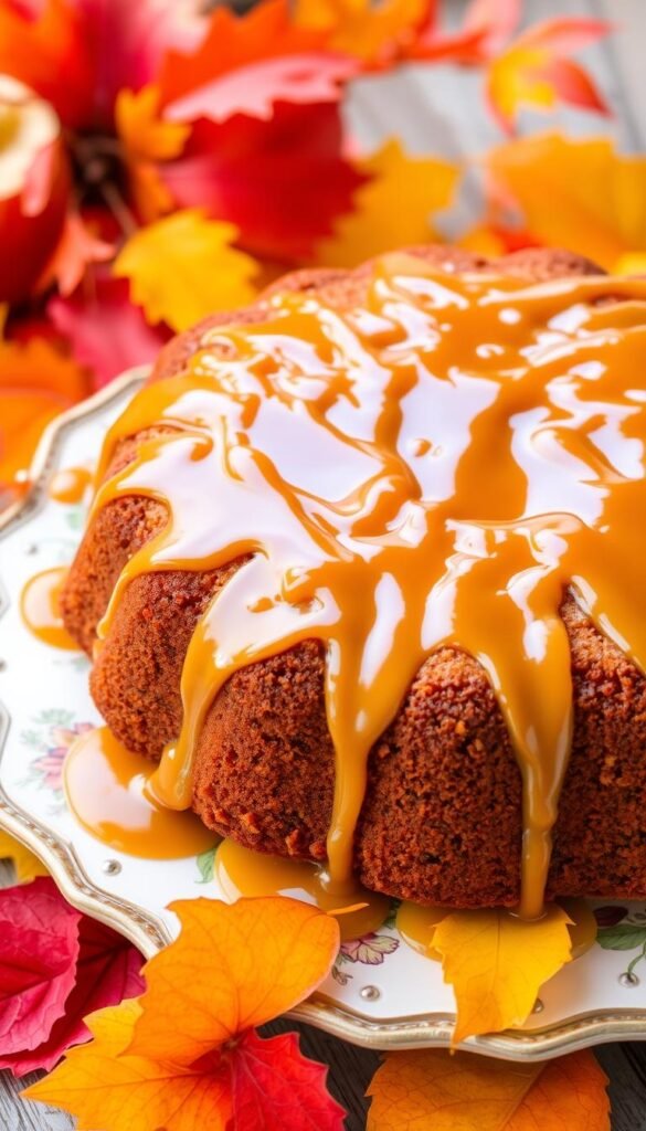 Image of an applesauce cake with caramel glaze on a decorative plate with fall leaves