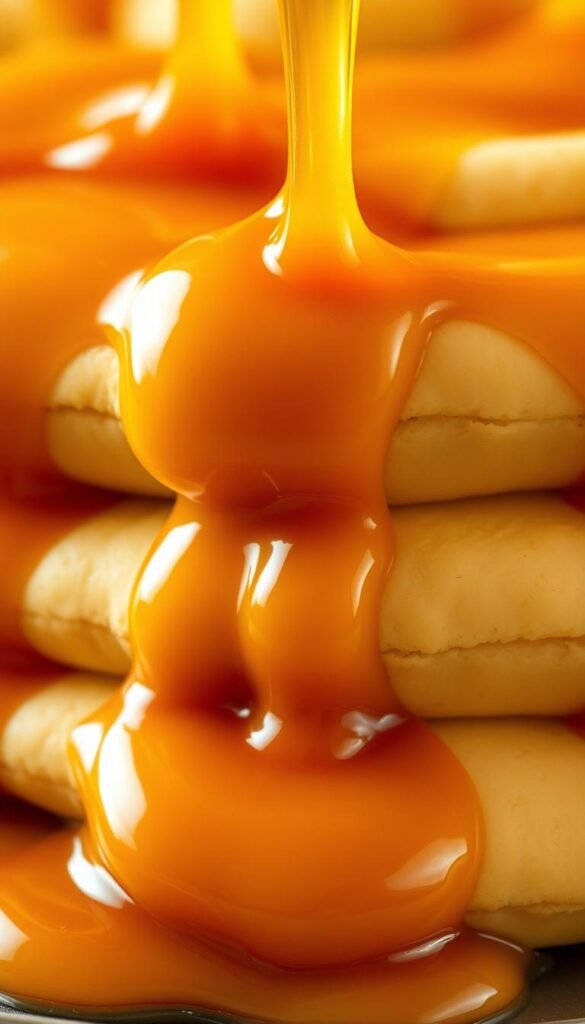 Lush, golden caramel cascading over a smooth, creamy dessert. Close-up shot, warmly lit from above with a soft, hazy focus, capturing the glistening, molten texture and rich, buttery aroma. Hints of cinnamon and vanilla waft through the frame, evoking the cozy, comforting flavors of fall. The caramel drizzle gently flows down the sides, pooling at the base in a sumptuous, indulgent puddle. A tempting, mouthwatering display, perfect for highlighting the decadence of autumnal caramel-infused treats.