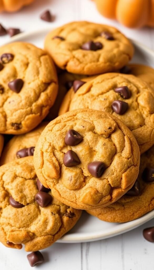 Pumpkin chocolate chip cookies on a plate