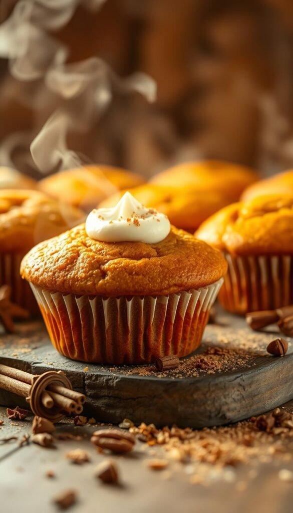 Pumpkin muffins, freshly baked, steam rising from their golden-brown tops. The muffins sit atop a rustic wooden surface, surrounded by scattered spices and a few stray leaves. Warm lighting casts a cozy glow, highlighting the vibrant orange hue of the muffins and the earthy tones of the background. Festive yet inviting, the scene evokes the comfort and flavors of autumn. A dusting of cinnamon and nutmeg adds depth, while a dollop of whipped cream or a sprinkle of chopped pecans beckons as a tempting topping. The overall composition suggests a delectable treat, perfect for the changing seasons.