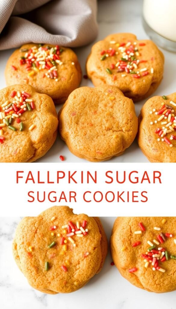 Pumpkin sugar cookies decorated with fall-themed sprinkles