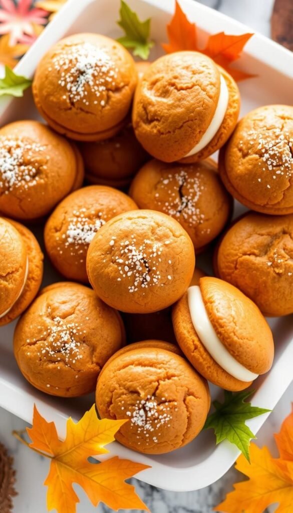 Pumpkin whoopie pies on a serving tray