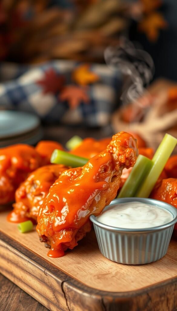 Steaming hot, juicy buffalo chicken wings coated in a vibrant, spicy sauce, garnished with fresh celery sticks and a creamy blue cheese dip. The chicken is fried to a crispy golden brown, glistening under warm studio lighting. The dish is presented on a rustic wooden board, with a slightly out-of-focus background featuring fall foliage and hints of a cozy tailgating setup. The overall atmosphere evokes the comforting, indulgent flavors of classic game day fare, designed to entice and satisfy football fans and party guests alike.