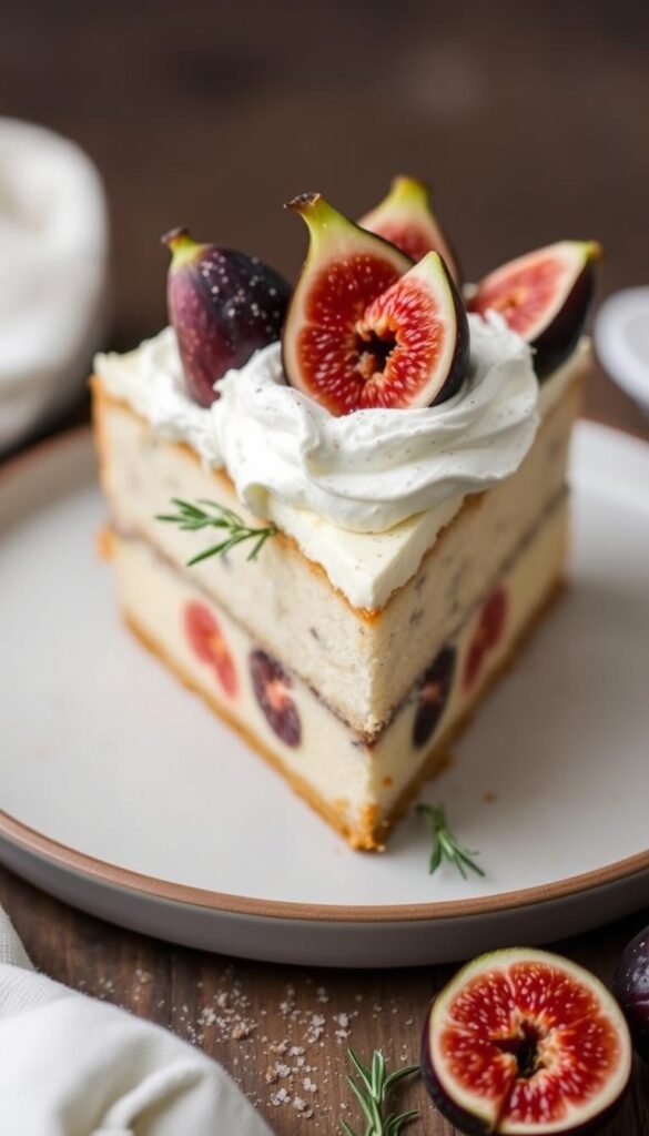 a single-layer ricotta-rosemary cake topped with fresh figs, whipped cream, and rosemary sugar