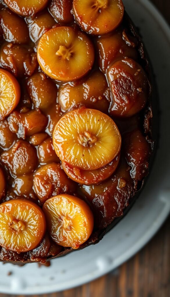 caramelized banana upside-down cake with golden-brown bananas and a crispy brown sugar crust